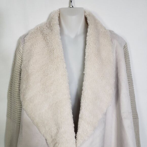 Chelsea & Theodore Cardigan Sweater Size XL Beige Faux-Fur Suede Open-Front Knit - Picture 3 of 9